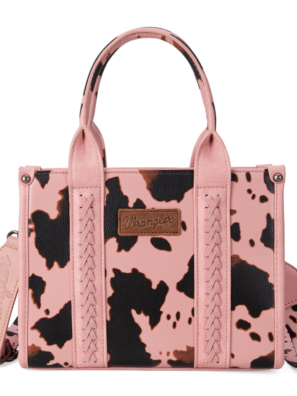 Wrangler Pink and Black Cowprint Tote with Braided Handles